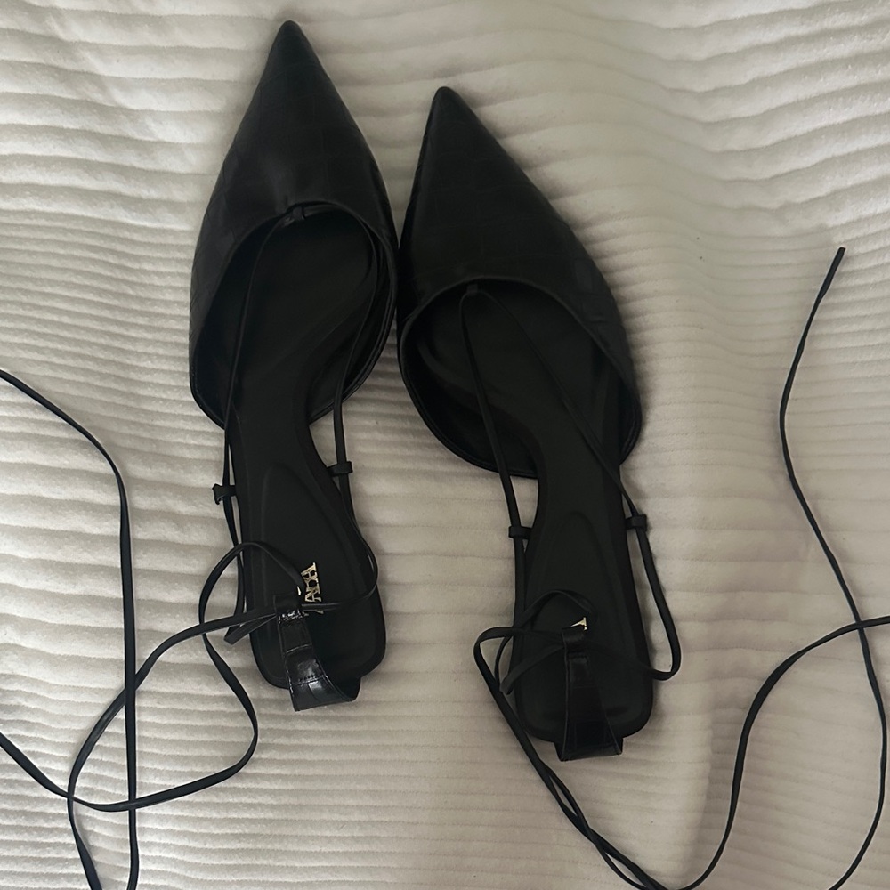 Zara Black Pointed Lace-Up D'Orsay Flats